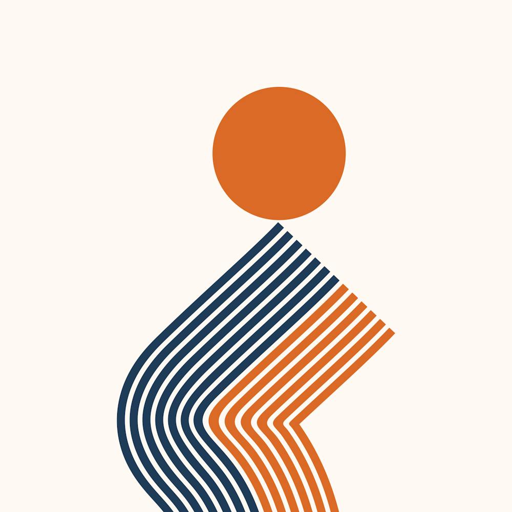 Geometric Lines Sun Rainbow Balance Playful Abstract in Navy Blue and Orange