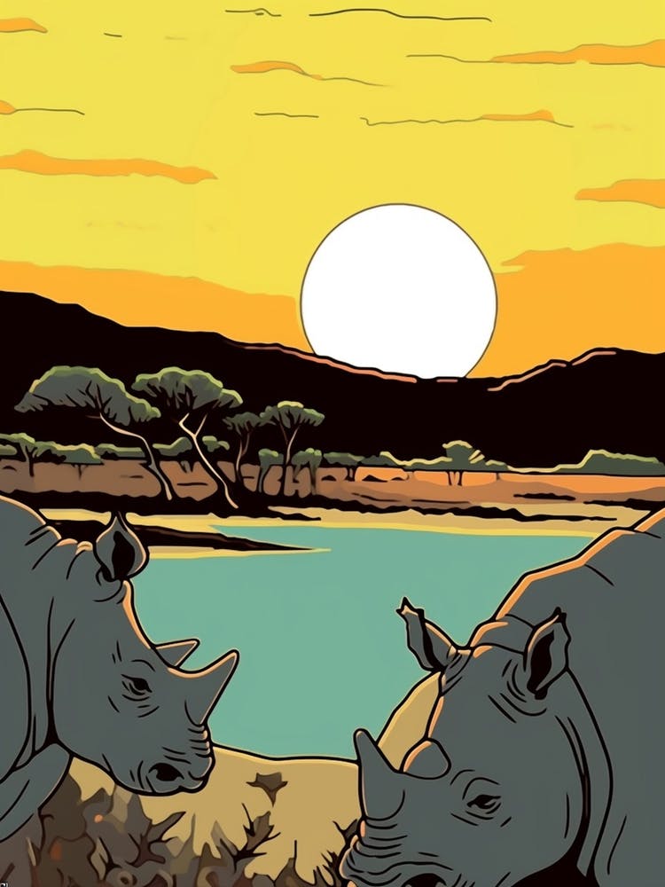 Two Rhinos In The Wild Block Colour