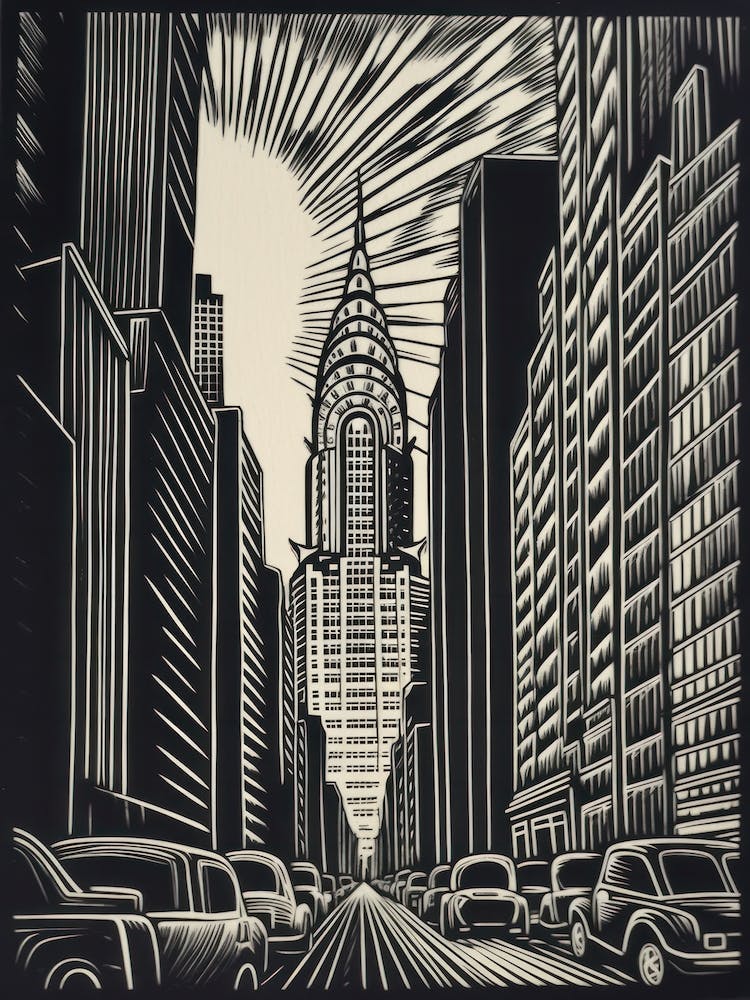 Chrysler Building New York City, United States Linocut Illustration Style 2