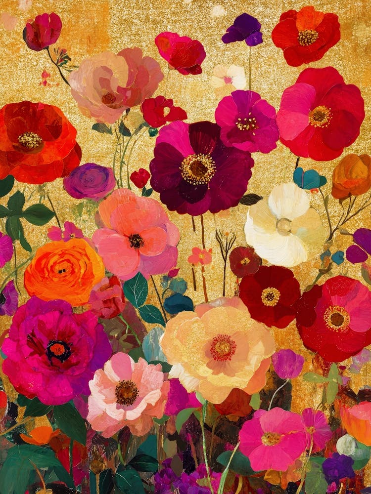 Gustav Klimt Style Floral Art, Red Pink Coral Gold Leaf Mixed Media Colorful Flowers, Abstract Botanical Wall Art for Modern Living Room, Romantic Bohemian Poppy Art Eclectic Bedroom Luxe Office Decor
