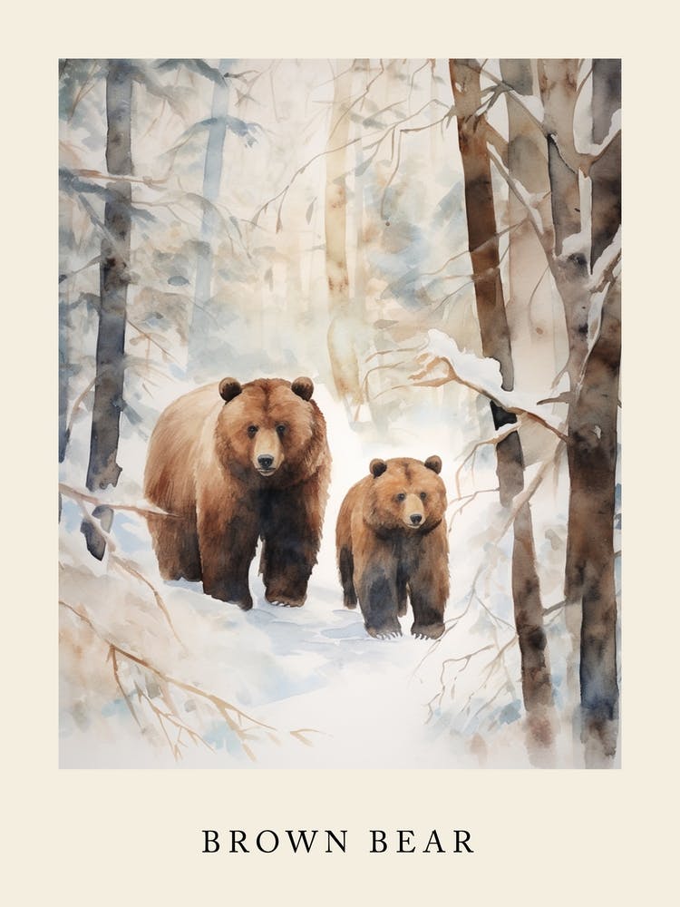 Aquarelle d'Hiver Ours Brun 4 Affiche