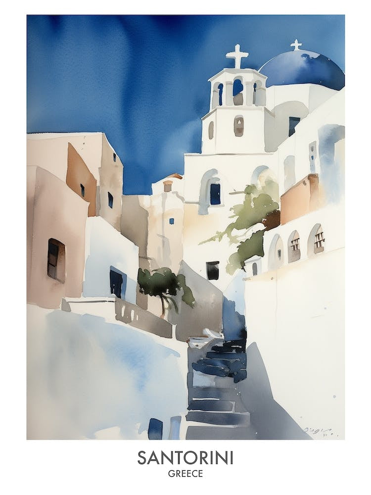 Santorini Greece Watercolour Travel Poster 3