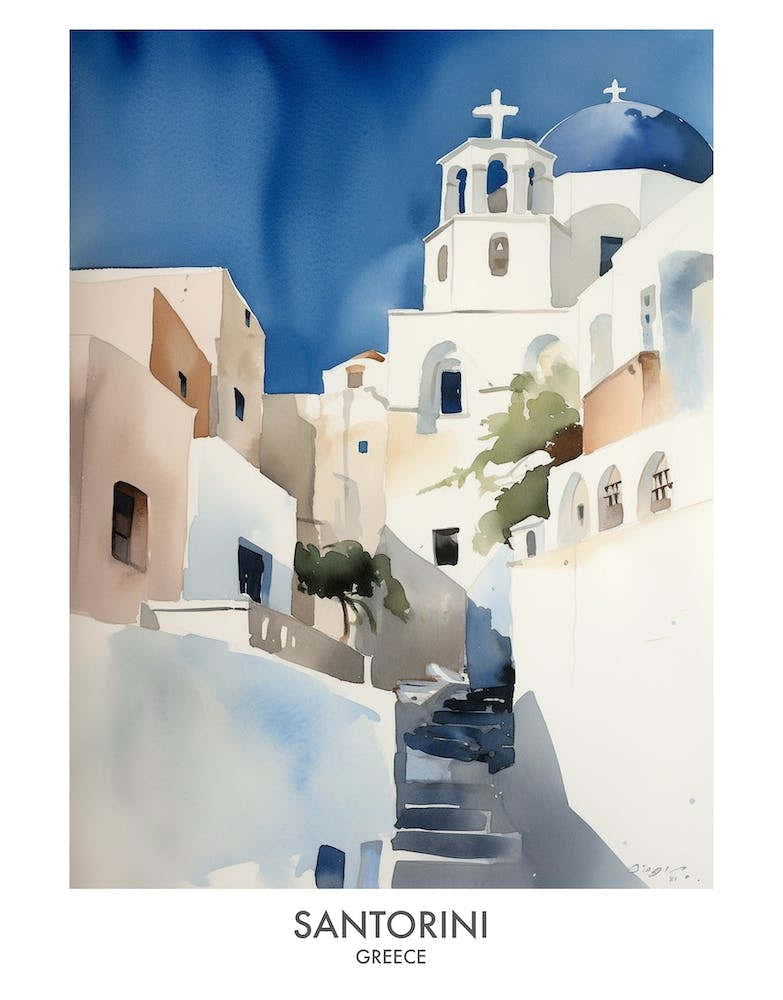 Santorini Greece Watercolour Travel Poster 3