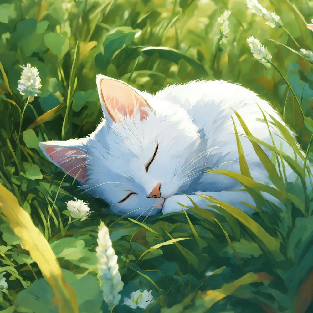 White Cat Sleeping In The Grass