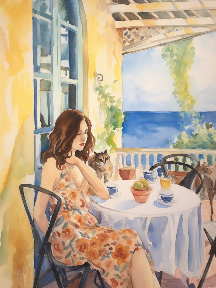 At A Cafe In Algarve Portugal Watercolour