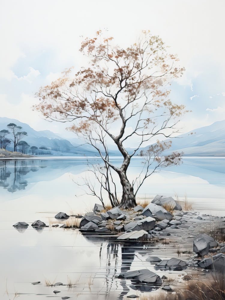 Lake Toya In Hokkaido, Japanese Brush Painting, Ukiyo E, Minimal 1