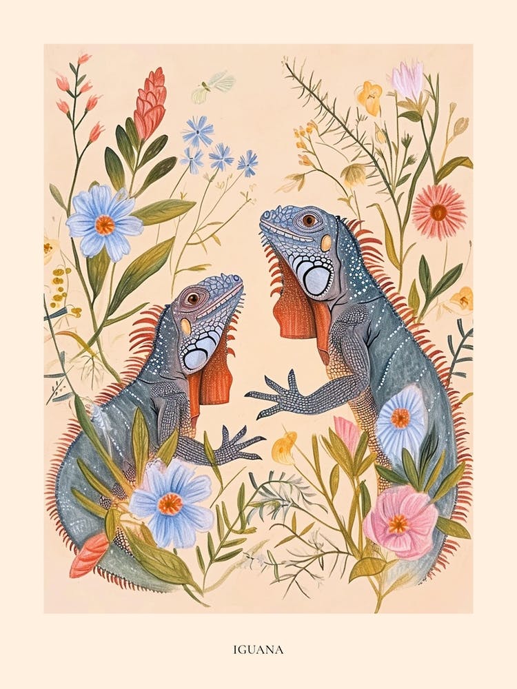 Dessin Animalier Floral Folklorique Iguane 3 Affiche