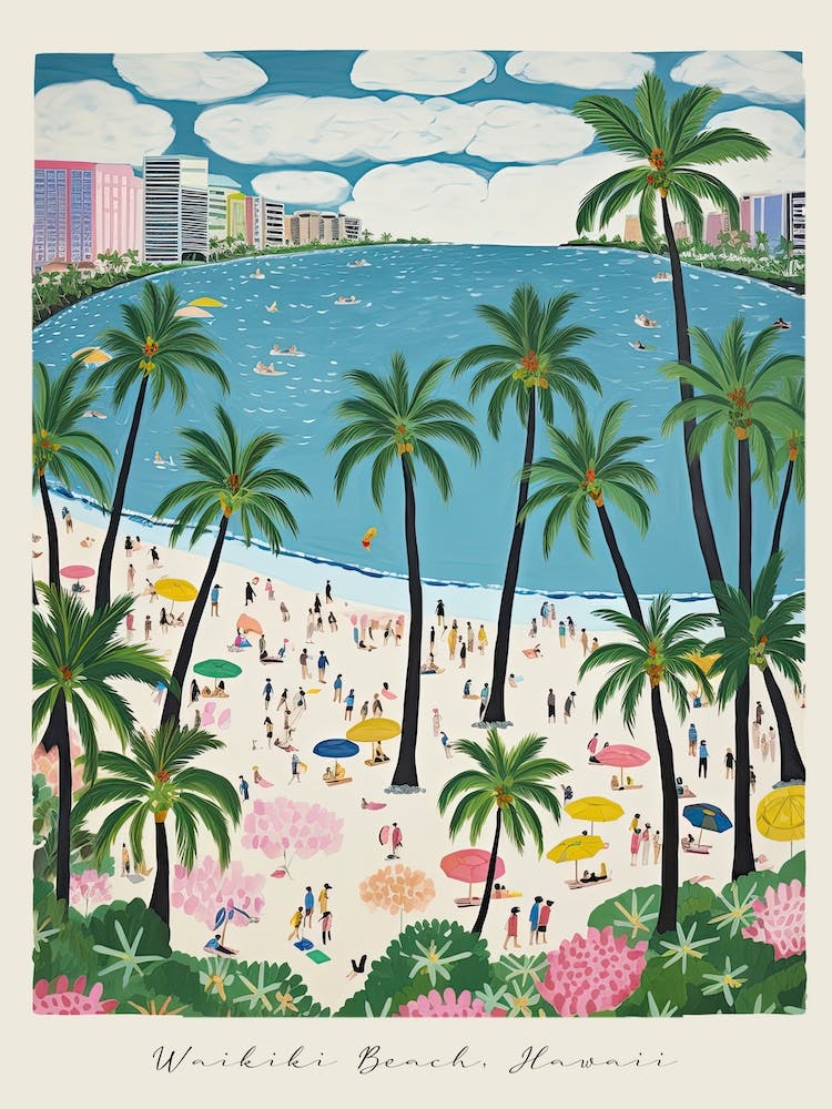 Poster Of Waikiki Beach, Honolulu, Hawaii, Matisse And Rousseau Style 3