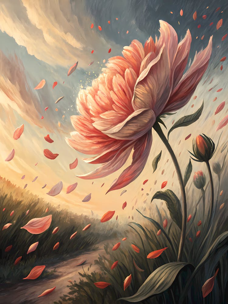 Oil Painting Style Whispering Petals Abstract Floral with Drifting Leaves