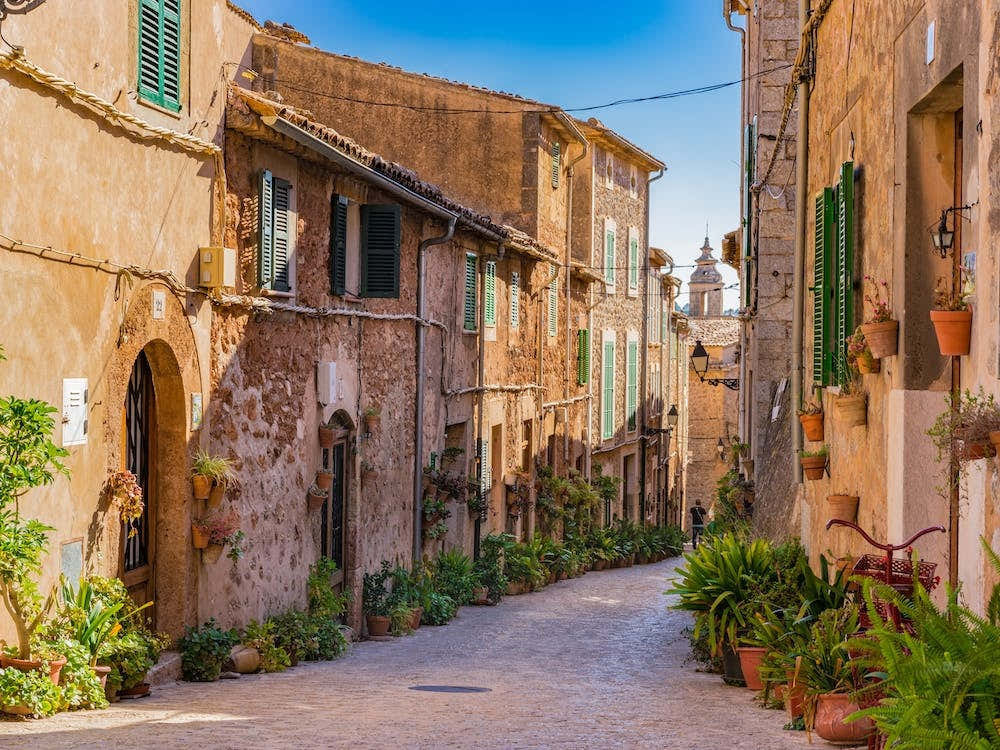 Majorca Spain, plant street in the old village Valldemossa. Explore the historic village of Valldemossa in Majorca, Spain and wander through its charming streets adorned with lush greenery. Admire the rustic architecture and ancient walls, while soaking u