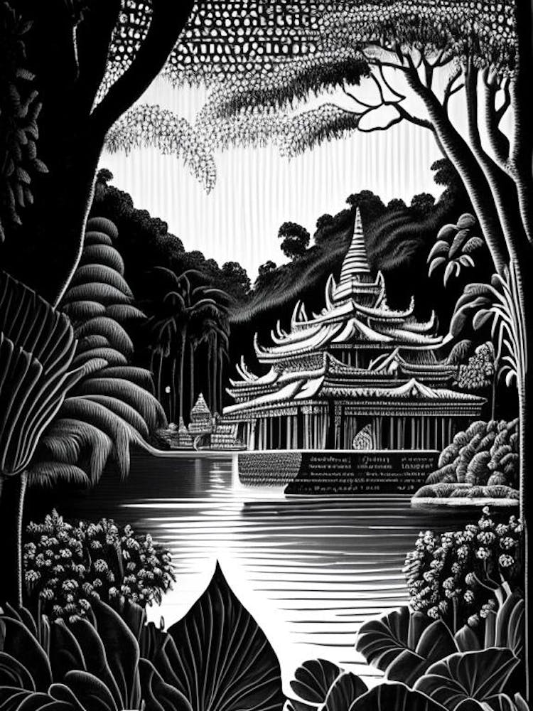 Tirta Gangga, Indonesia Linocut Black And White Vintage