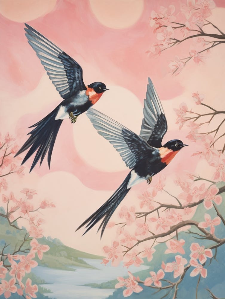 Vintage Japanese Inspired Bird Print Barn Swallow 6