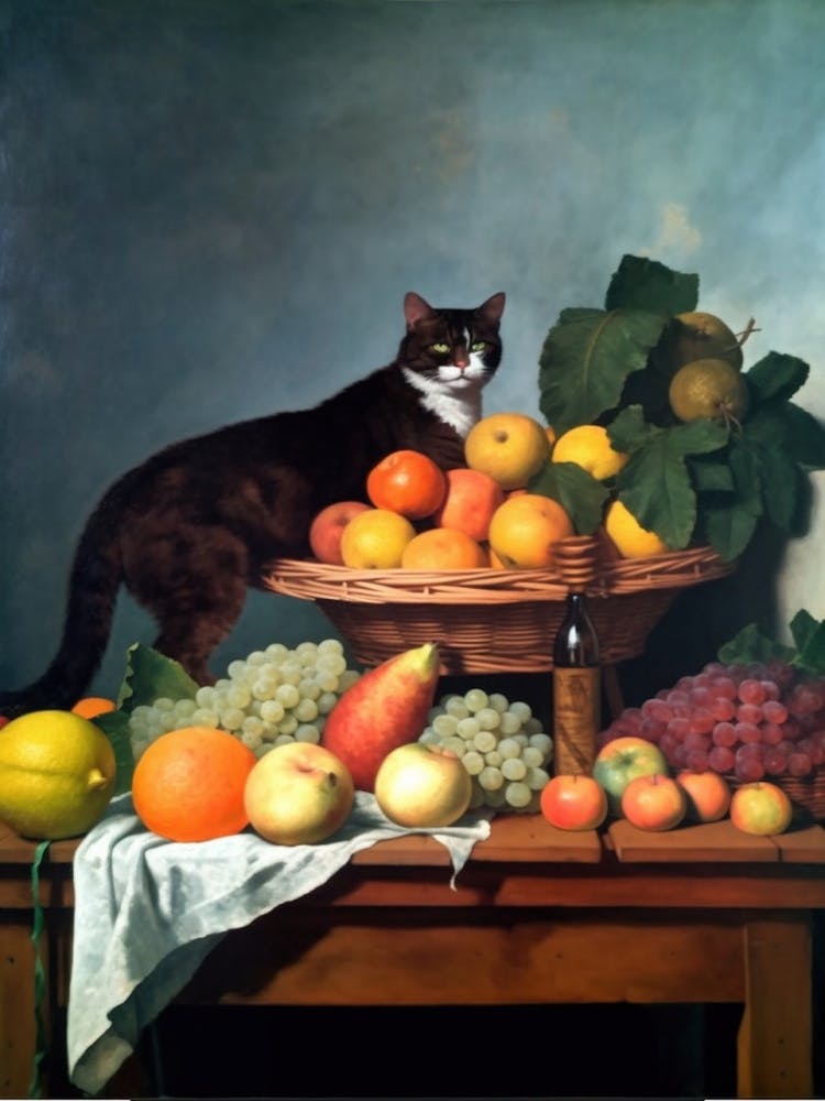 Painting Of A Still Life Of A Bourvardia With A Cat, Realism 1