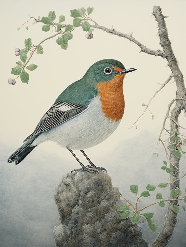 Ohara Koson inspiriertes Vogelgemälde Rotkehlchen 4