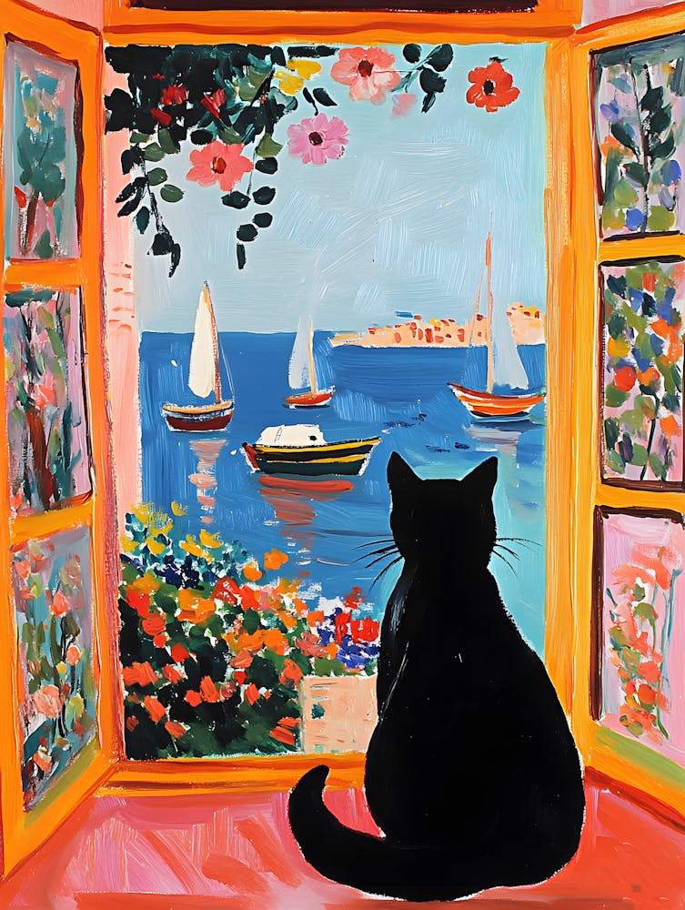 Oil Painting Black Cat Loves the Sea 10
