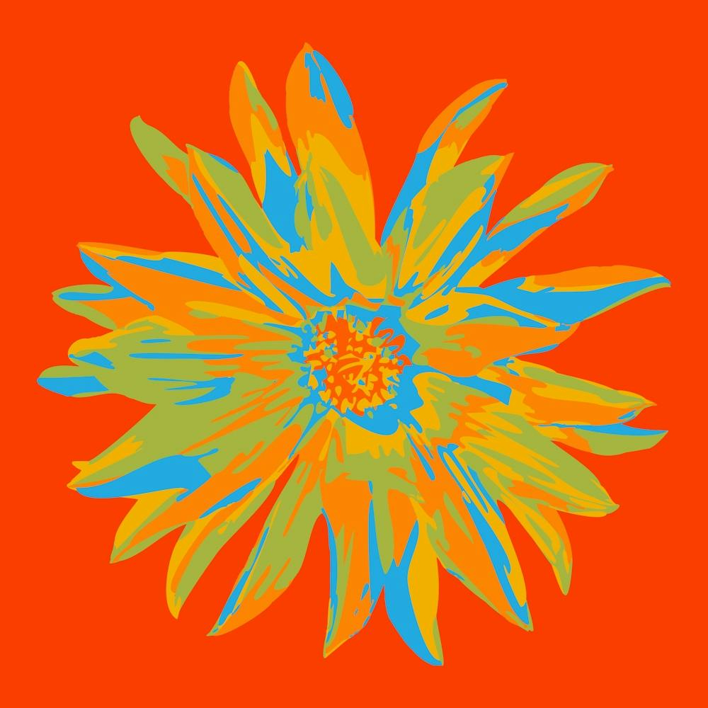 DAHLIA BURSTS Single Abstract Blooming Floral Summer Bright Flower in Orange Yellow Lime Green Blue on Coral Red