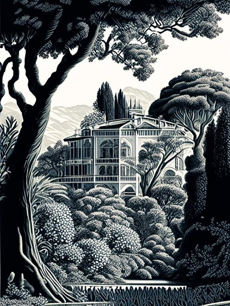 Villa Carlotta, Italy Linocut Black And White Vintage