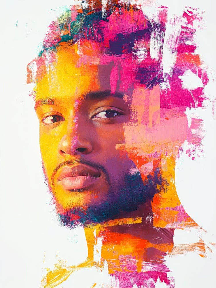 A Portrait Of A Man Combined With A Colorful Painting