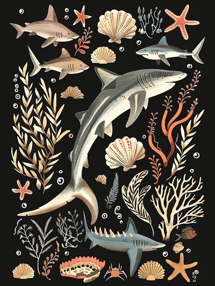Thresher Shark Seascape Black Background Illustration 1