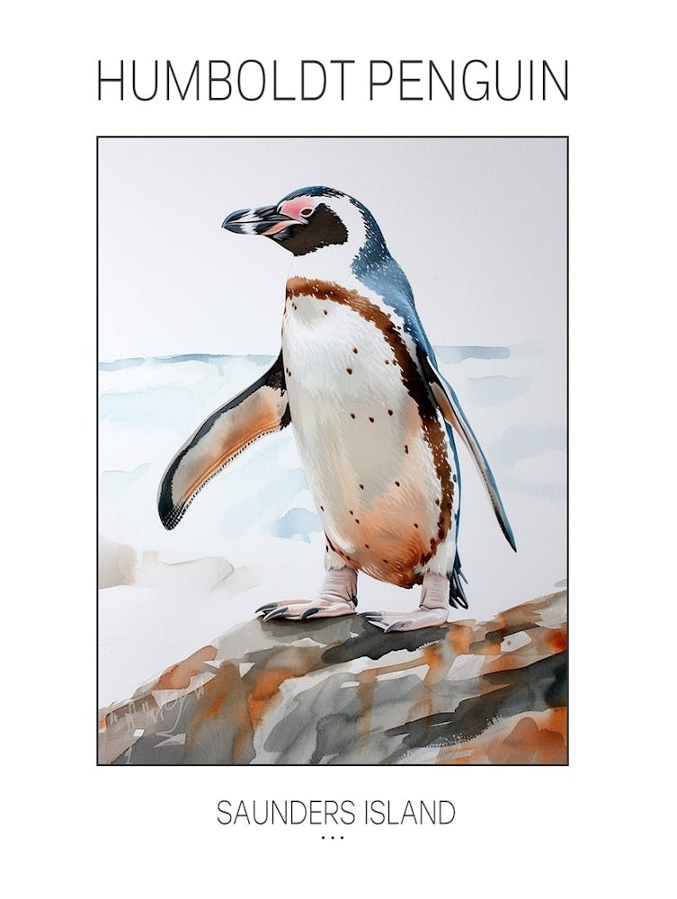 Humboldt Penguin Saunders Island Watercolour Painting 1 Poster