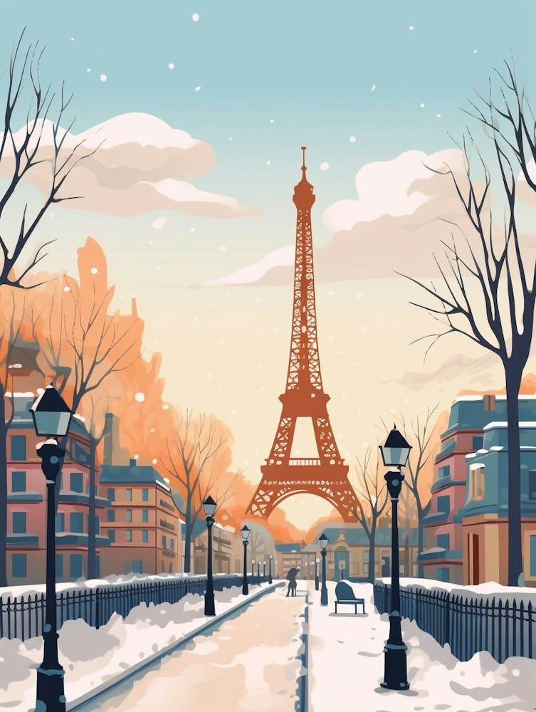 Retro Winter Illustration Paris France 3