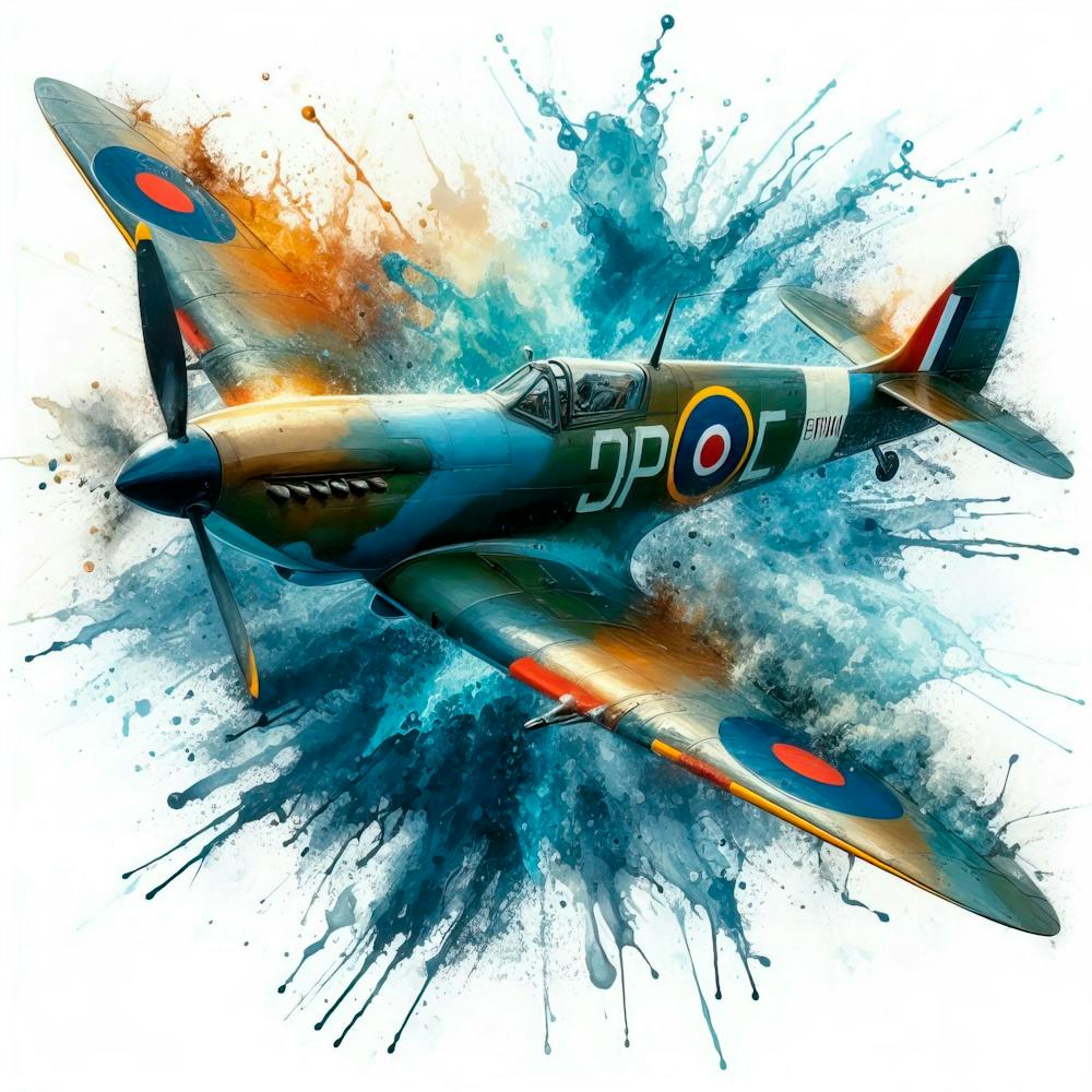 Spitfire At Full Speed Drawn In Watercolor With Splashes 2
