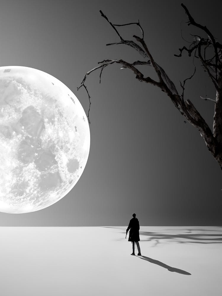Surreal Full Moon Landscape with Lone Figure