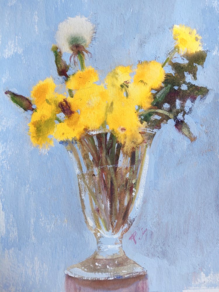 Yellow Dandelions Bouquet In A Glass Vase
