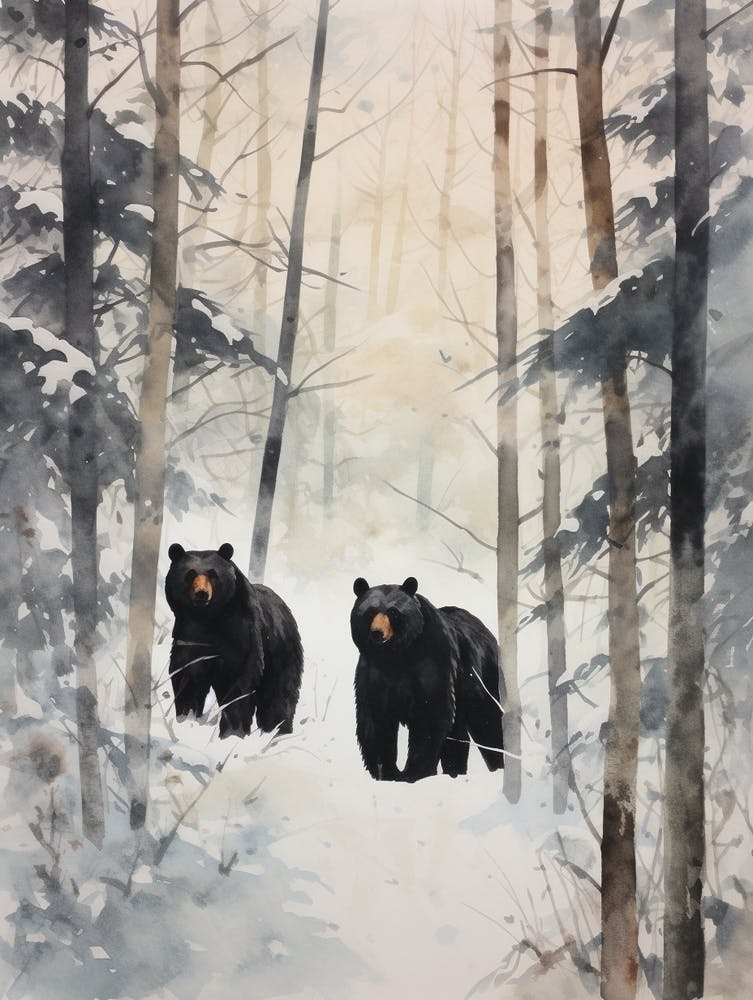 Winter Watercolour Black Bear 2
