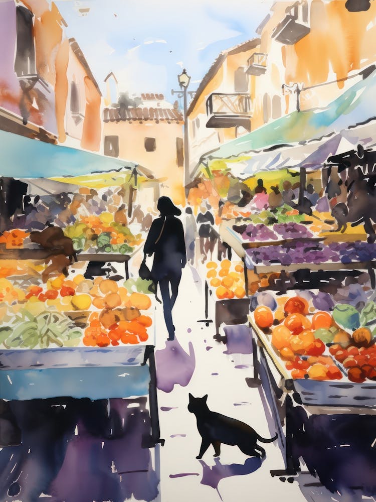Food Market With Cats In Rome 1 Watercolour