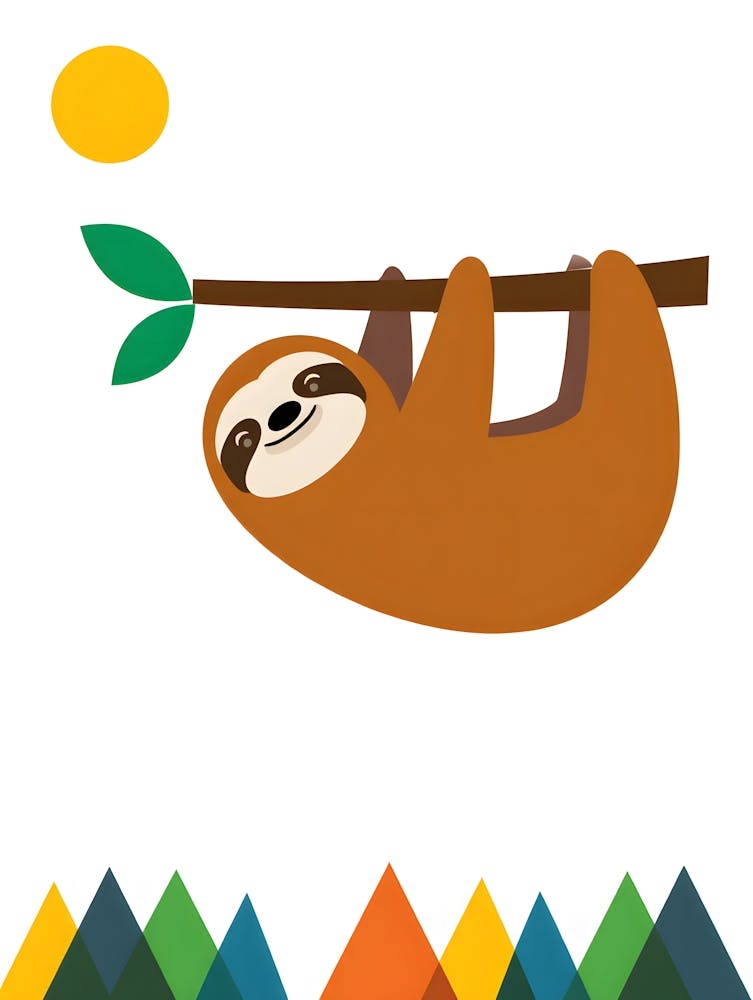 Cute Cartoon Sloth Hanging from Tree – Colorful Nature Illustration for Kids