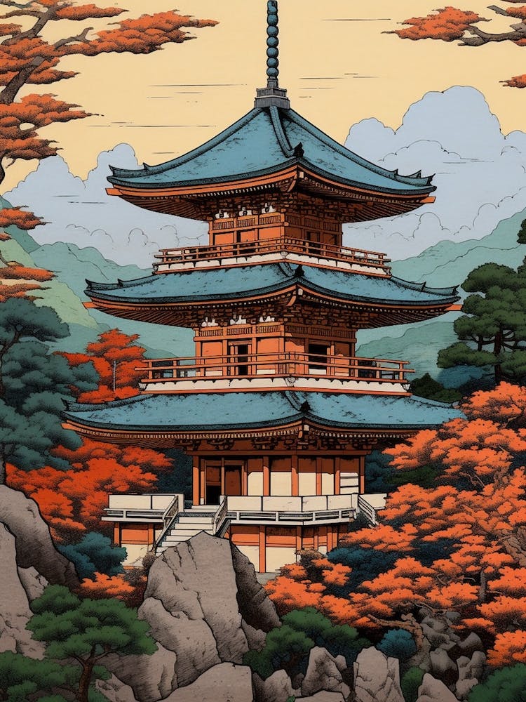 Yamadera Temple, Japan Vintage Travel Art 3