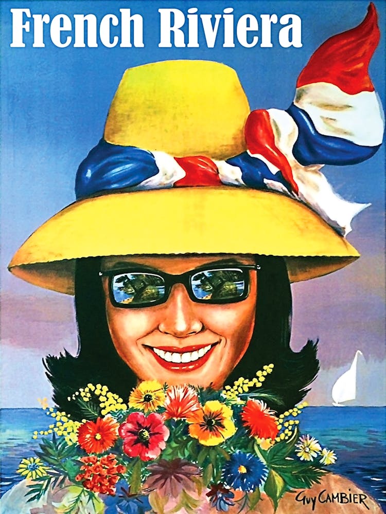 French Riviera, Happy Woman With Yellow Hat And Flowers