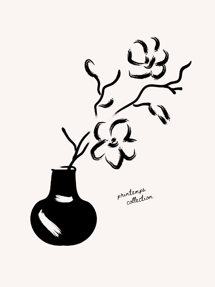 Black And White Drawing Of Flowers In A Vase