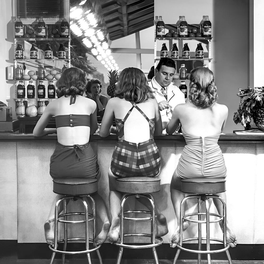 The Girls At The Bar, Vintage Black and White Old Photo, Bar Cart Decor
