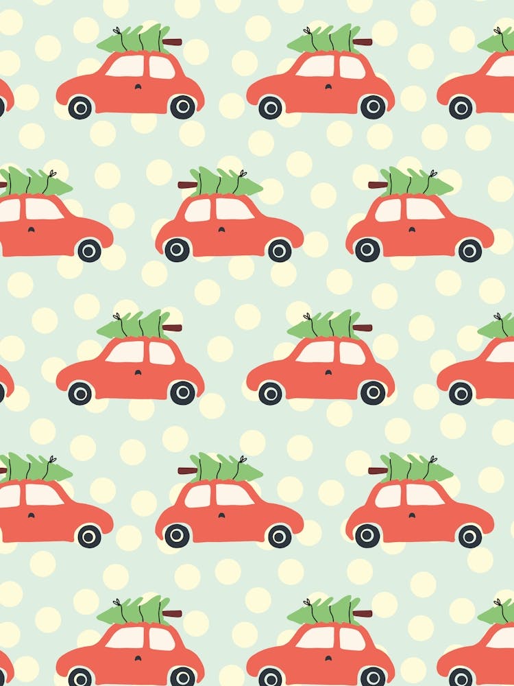 Little Red Cars with Bright Green Christmas Trees Light Blue and Cream Polka Dot