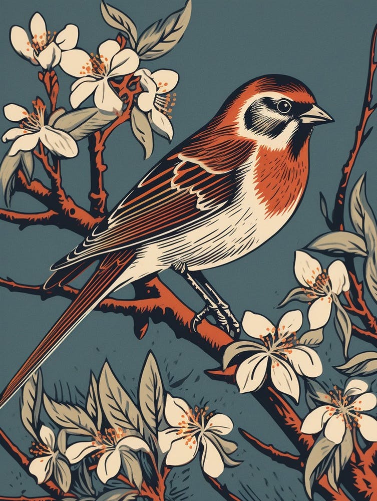 Vintage Bird Linocut Sparrow 3
