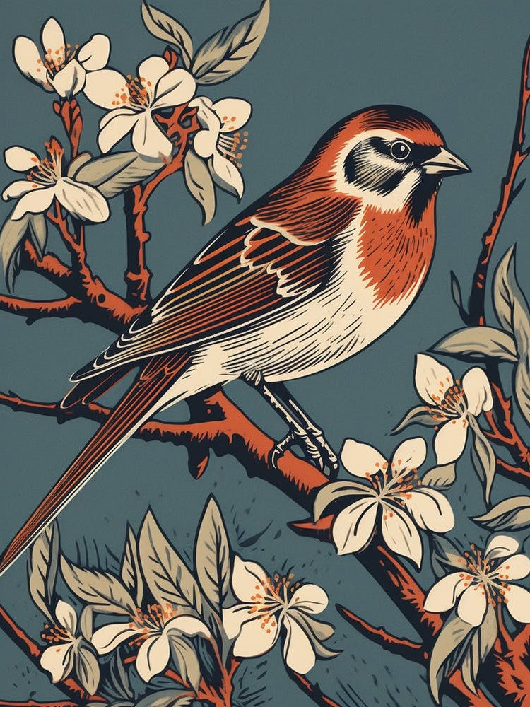 Vintage Bird Linocut Sparrow 3