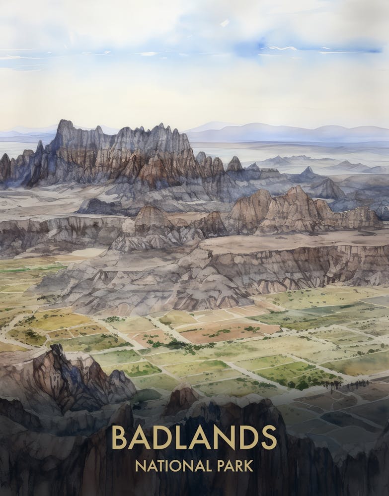 Badlands National Park Aquarelle Affiche de Voyage Vintage 3