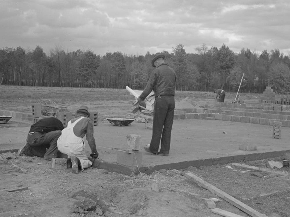 Untitled Photo, Possibly Related To Construction Of Houses (Reading Plans And Measuring), Jersey Homesteads