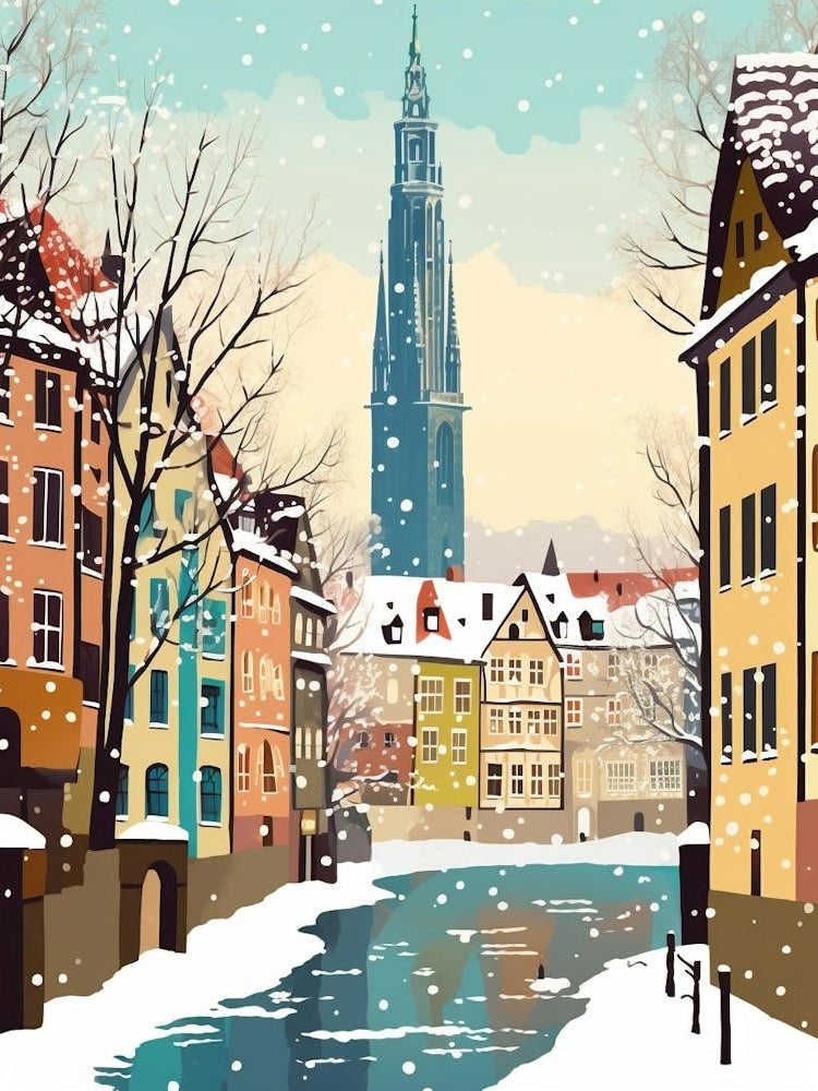 Vintage Winter Travel Illustration Strasbourg France 2