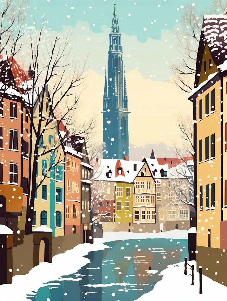 Vintage Winter Travel Illustration Strasbourg France 2