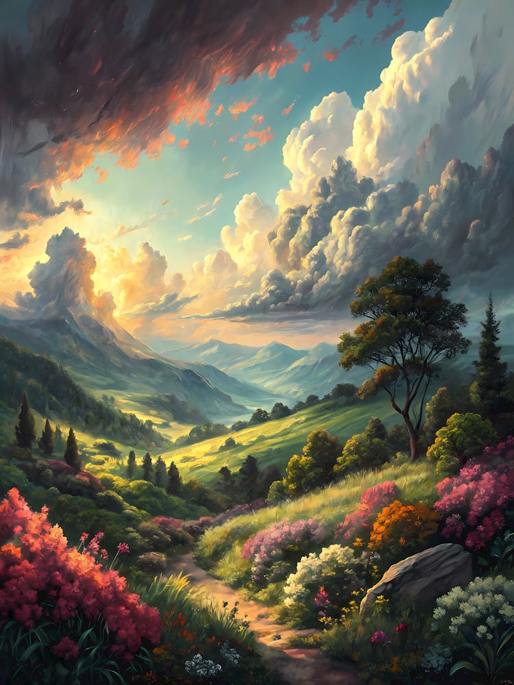 Dramatic Sky with Billowing Clouds Oil Painting Style