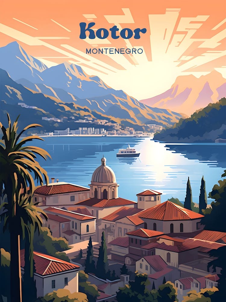 Kotor Montenegro Sunset Modern Travel Illustration