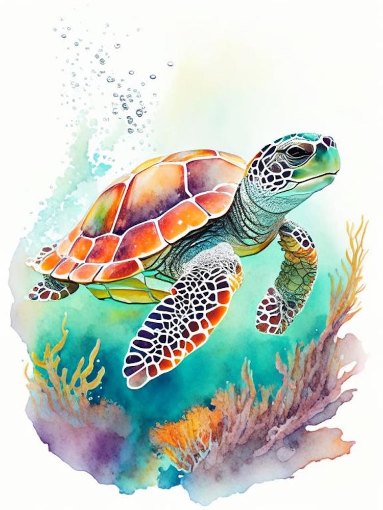 A Single Sea Turtle In Coral Reef, Sea Turtle Watercolour 3
