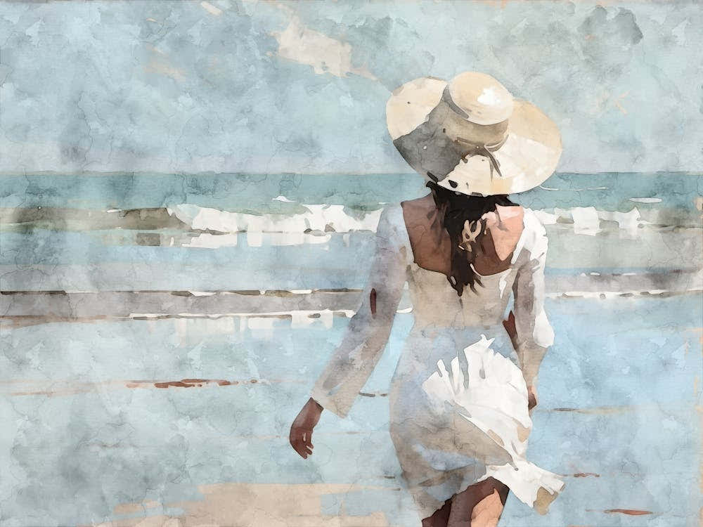 Woman Walking On The Beach Blue and White Coastal Watercolor
