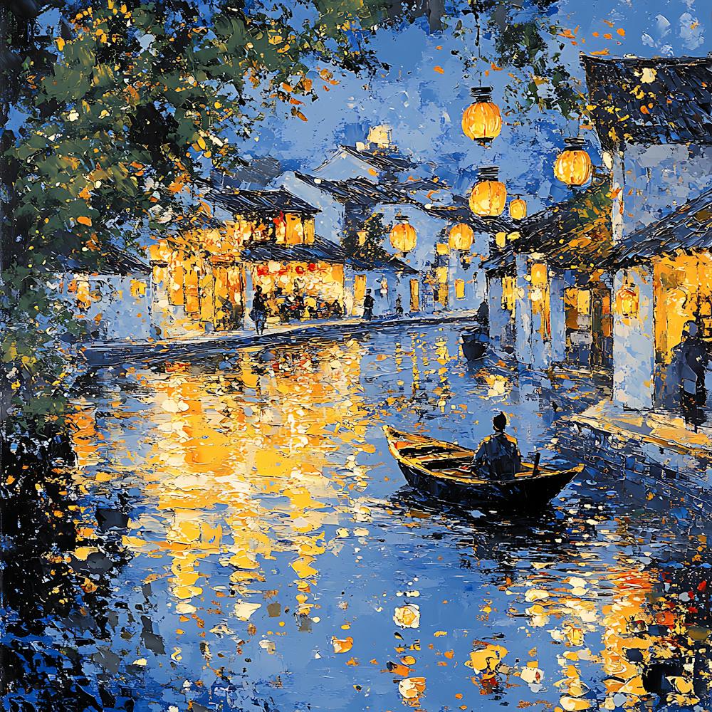 Peaceful Village Waterway Night Scene 4