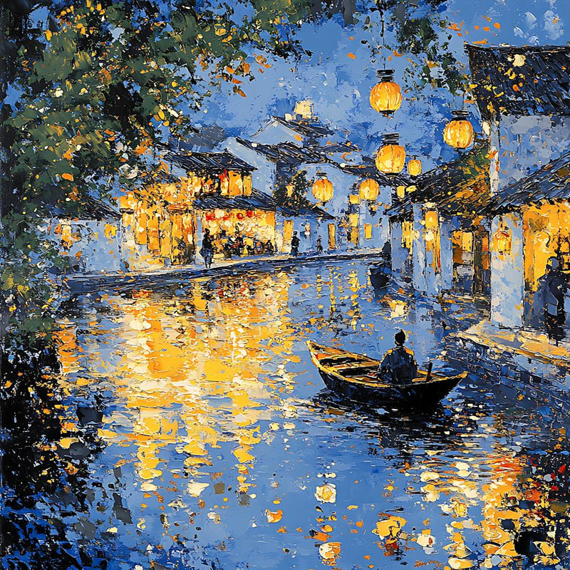 Peaceful Village Waterway Night Scene 4