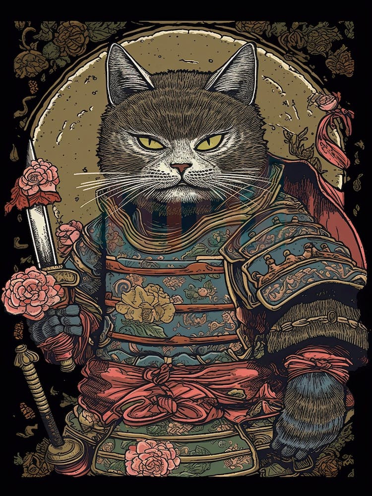 Cute Samurai Cat In The Style Of William Morris 11
