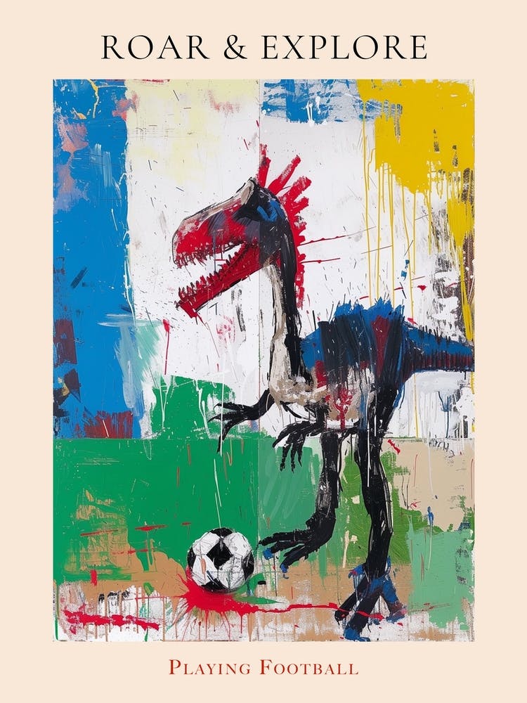 Dinosaur Playing Football Paint Splash Scribble 2 Poster